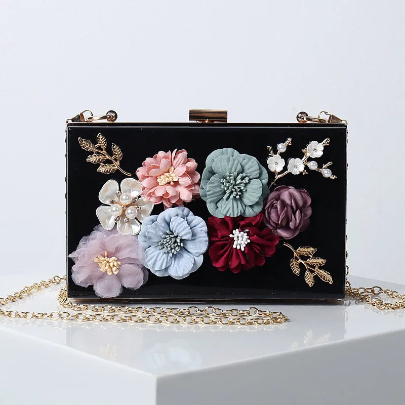 white blue black arylic flower square evening bags