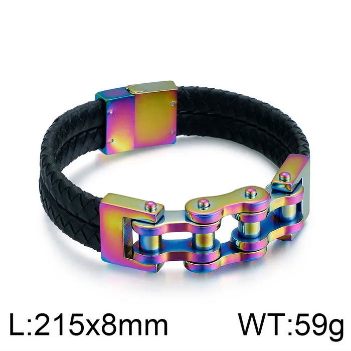 rock punk geometric pu leather titanium steel braid chain men's bangle