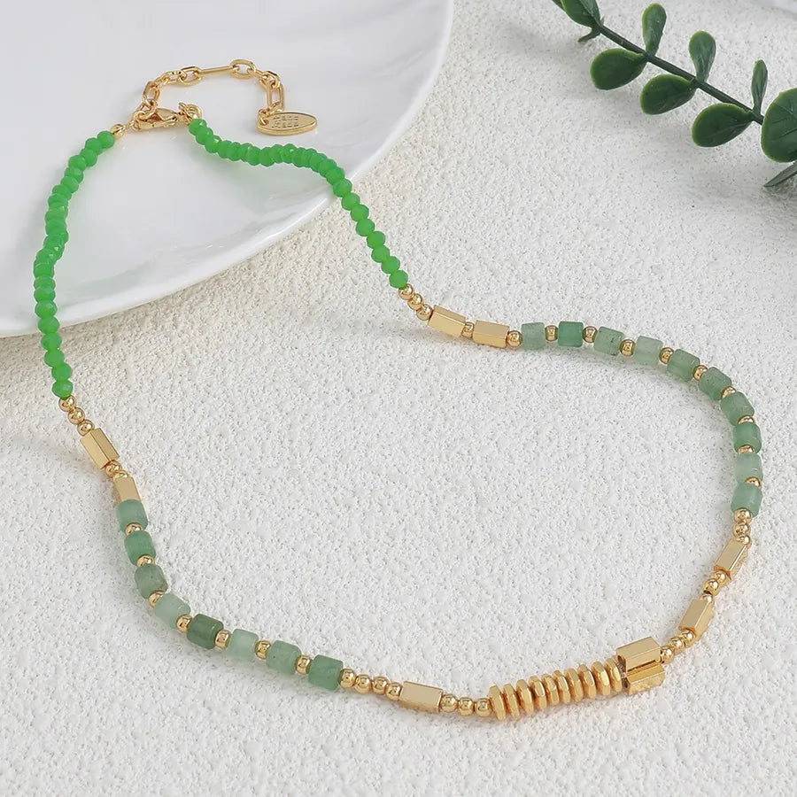 Chinoiserie Vintage Style Round Rectangle natural stone Copper Necklace In Bulk