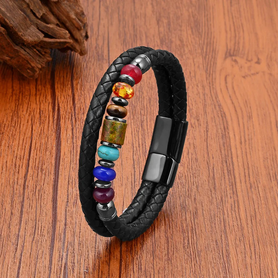 Casual Simple Style Round Leather rope Stone Metal Beaded Unisex Bracelets