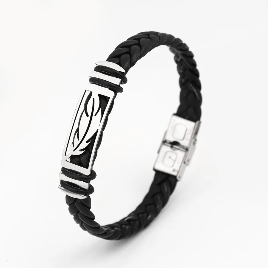 Retro Punk Solid Color 304 Stainless Steel Pu Leather Plating Men's Bangle Men Cord & Leather Bracelets