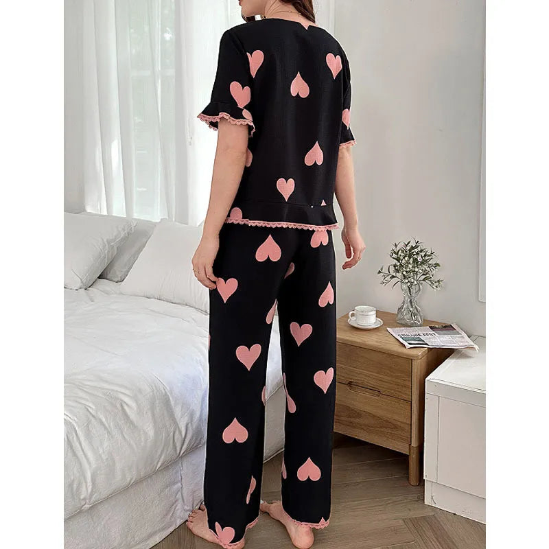 Women's Round Neck Cardigan Sleepwear Set Spring Summer New Style European Fashion High Sensation Heart Print Long Pants Home Clothes