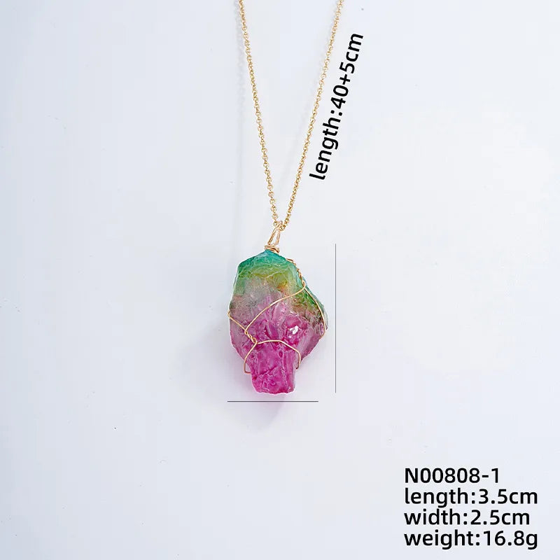 simple style gradient color stainless steel natural stone pendant necklace