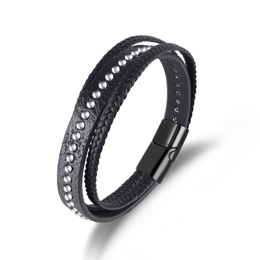 Retro Simple Style Geometric 304 Stainless Steel Pu Leather Layered Men's Bangle Men Cord & Leather Bracelets