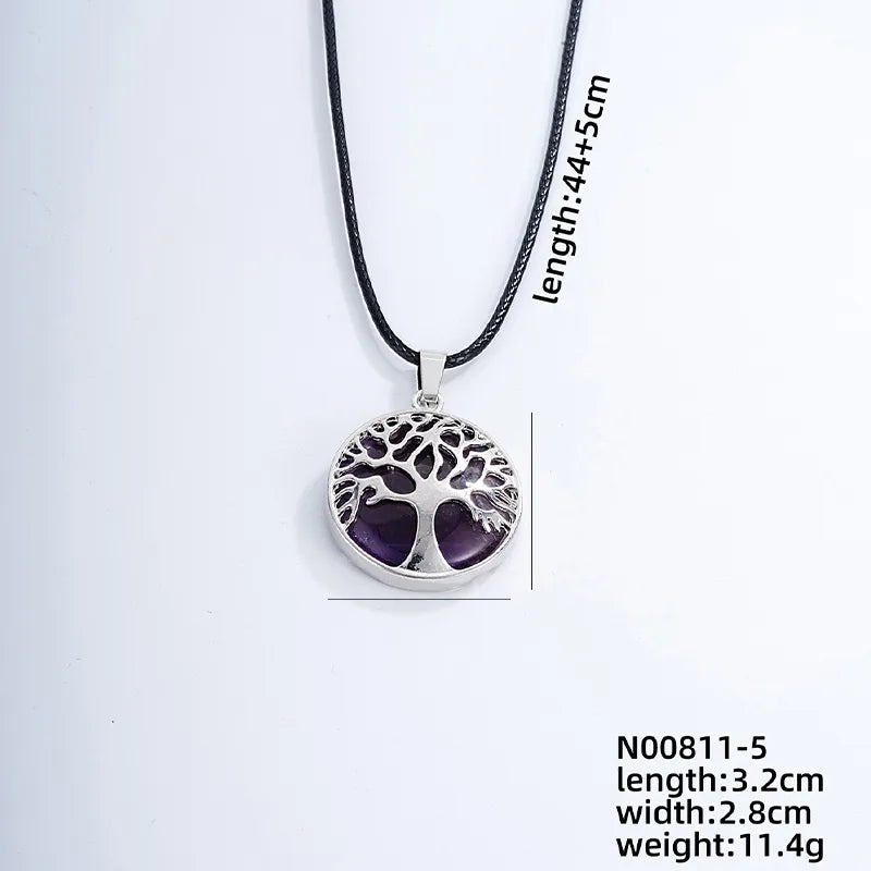 ig style simple style round tree stainless steel natural stone leather rope inlay natural stone pendant necklace