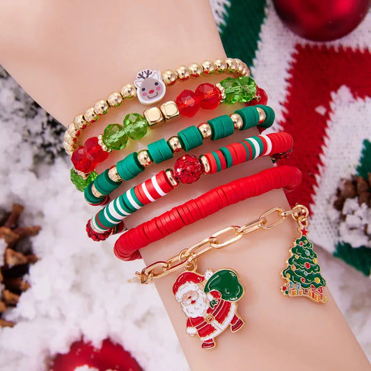 Christmas Theme Bracelet Set Cute Santa Claus Reindeer Metal Chain Crystal Mixed Children's Fun Jewelry Christmas Tree Design