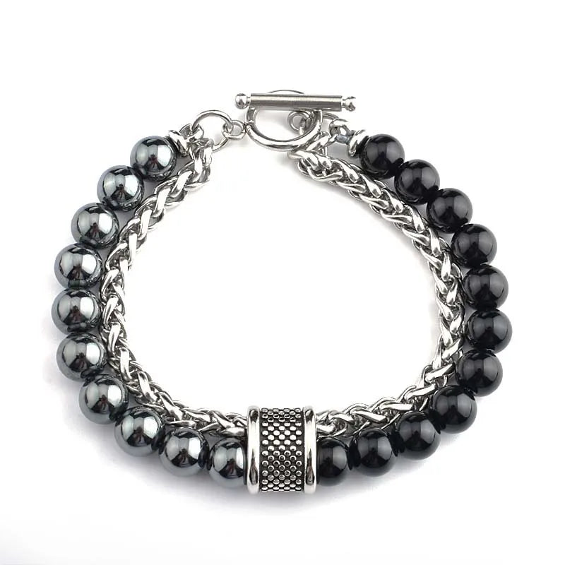 casual simple style round stainless steel stone beaded chain men's bracelets