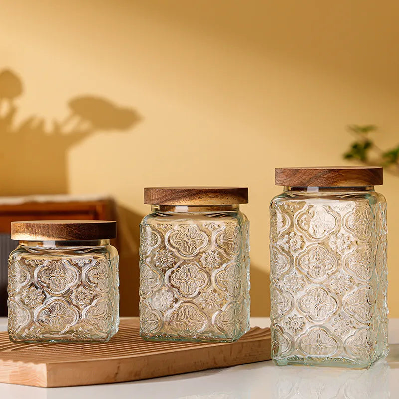 Glass Embossed Glass Sealed Jar Square Storage Jar Snack Dried Fruit Storage Jar Kitchen Household Glass Jar Vintage