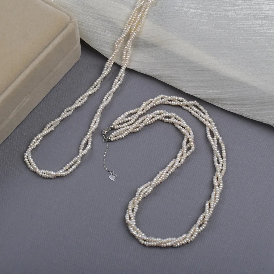 Natural Freshwater Pearl Necklace Simple Style Three-Layer Double-Layer Twisted Chain Small Flat Beads 2-3mm Jewelry Accessory