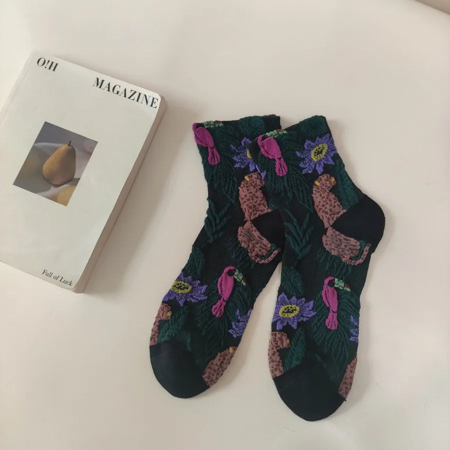 A Pair Casual Women's Printing Flower Cotton Crew Socks