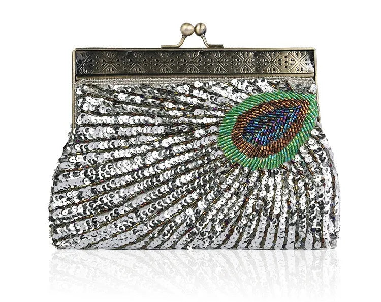 red purple blue polyester peacock feather beading sequins pearl embroidery square evening bags