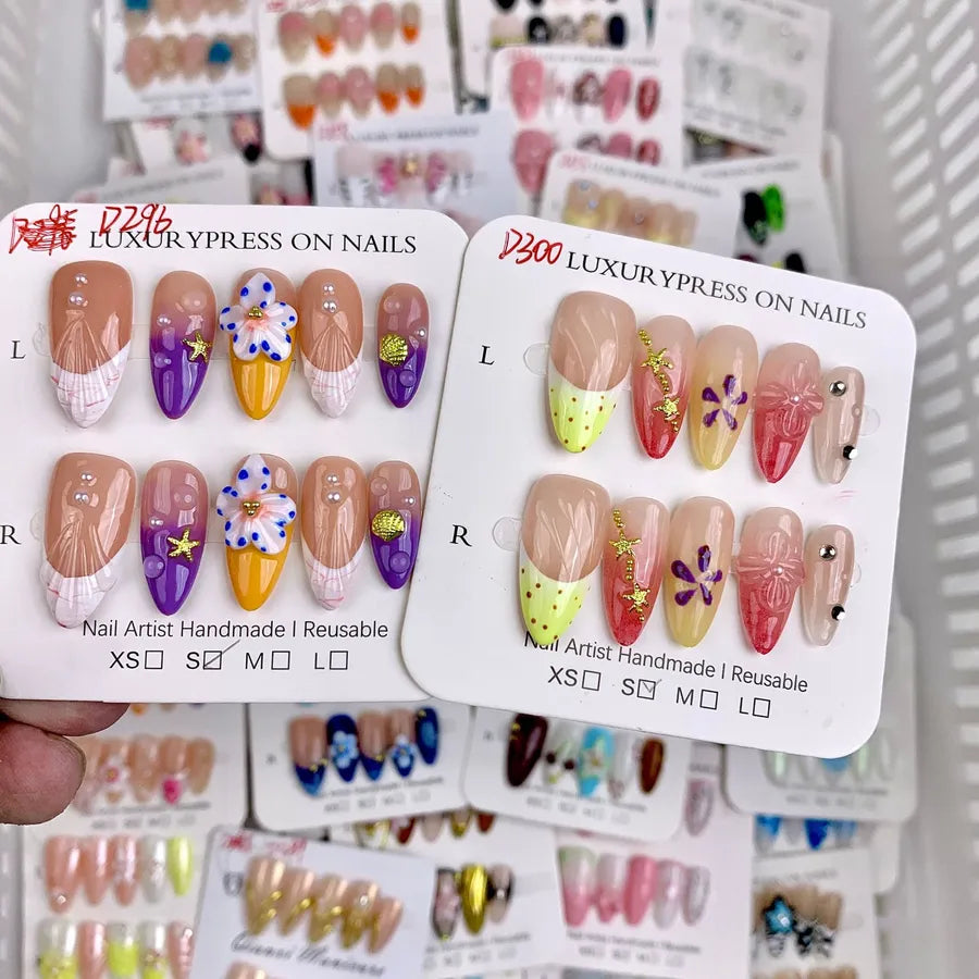 Handmade Detachable Shell Sculpture Cat Eye Almond Nails Ice Transparent Floral Design Wearable False Nails For Women