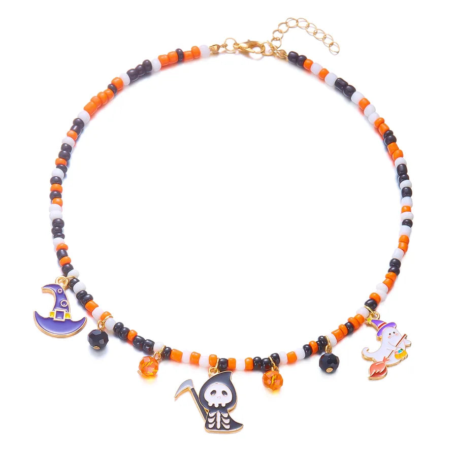 Handmade Halloween Necklace Ghost Spider Pendant Color Matched Pumpkin Design Zinc Alloy Women's Jewelry Accessory