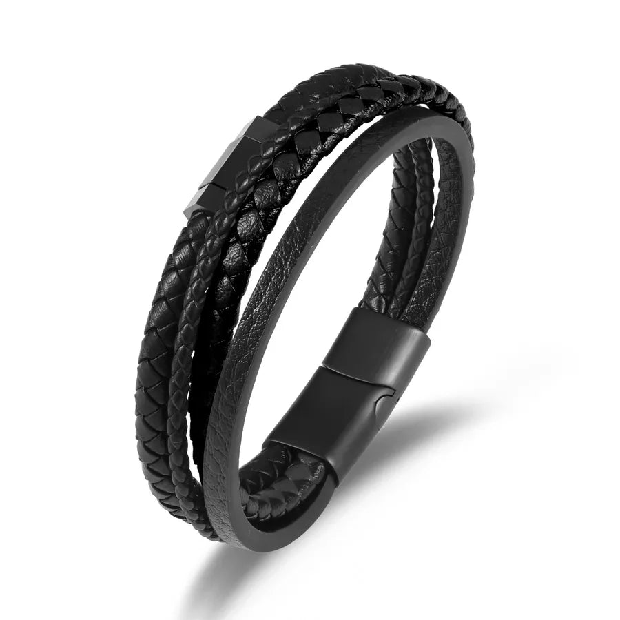 Retro Punk Solid Color 304 Stainless Steel Pu Leather Men's Bangle Men Cord & Leather Bracelets