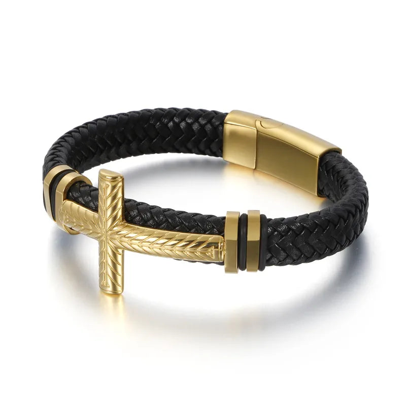 1 piece fashion cross cowhide titanium steel plating men's bangle