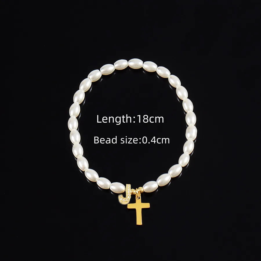 Simple Style Cross Letter 304 Stainless Steel Artificial Pearl Copper Beaded Chain Bracelets In Bulk