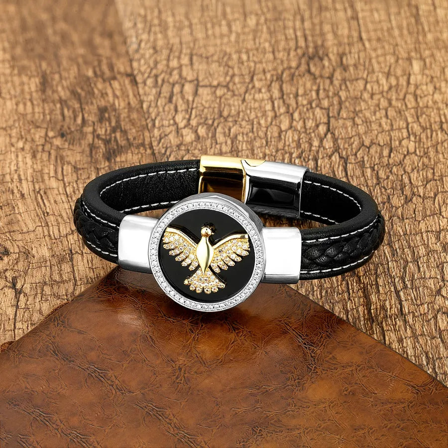 luxurious punk animal stainless steel pu leather copper plating inlay natural stone zircon men's bracelets