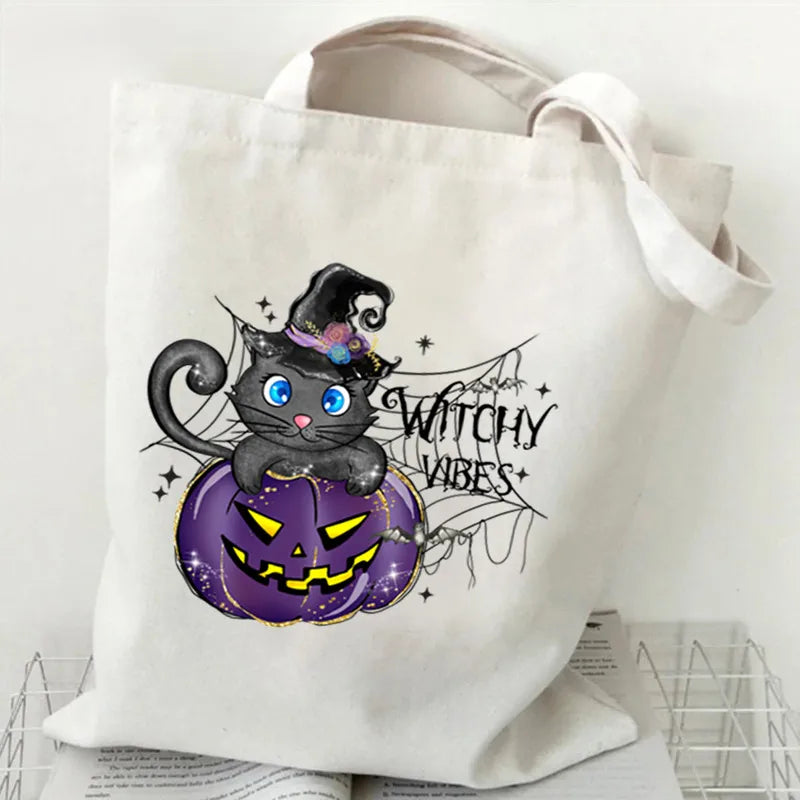 Halloween Printed Canvas Bag Single Shoulder Foldable Handbag Shopping Bag Large Size Square Shape Tote Bag With Double Strap