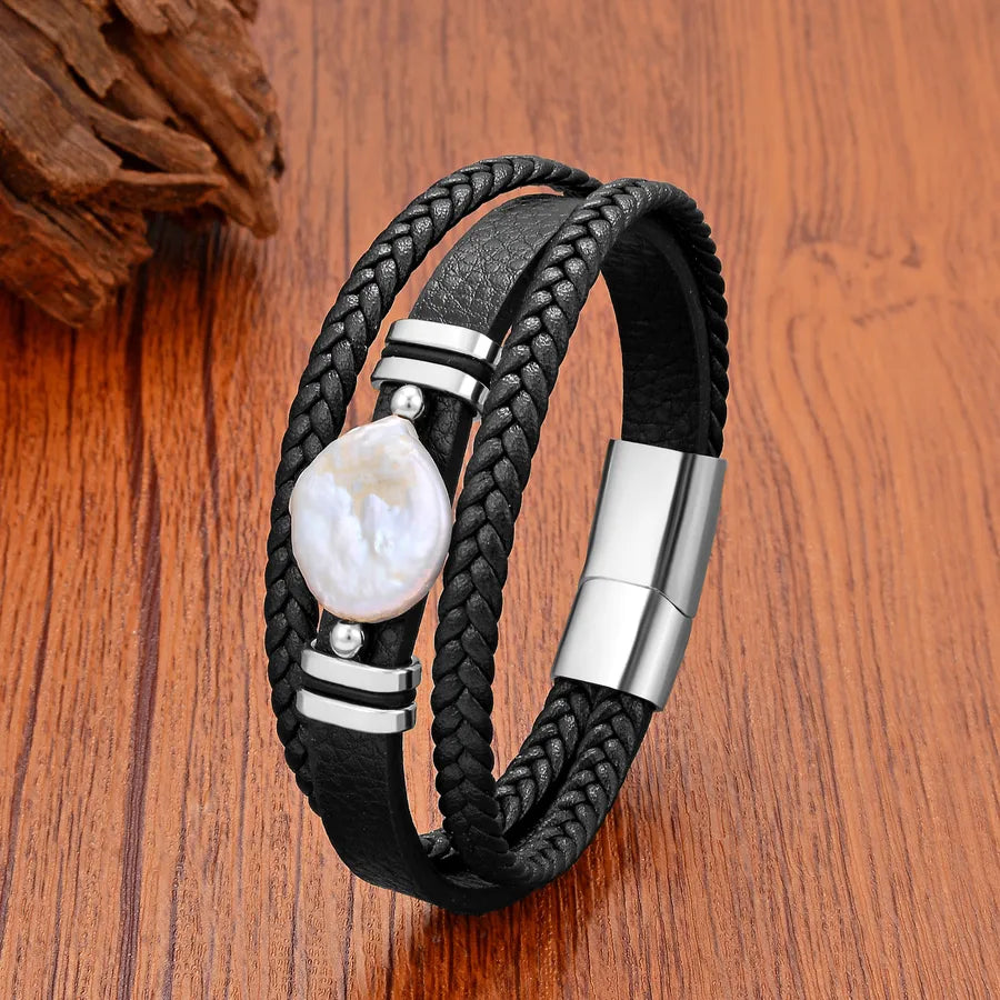 Vintage Style Classic Style Round Pearl Leather rope Metal Wholesale Bracelets