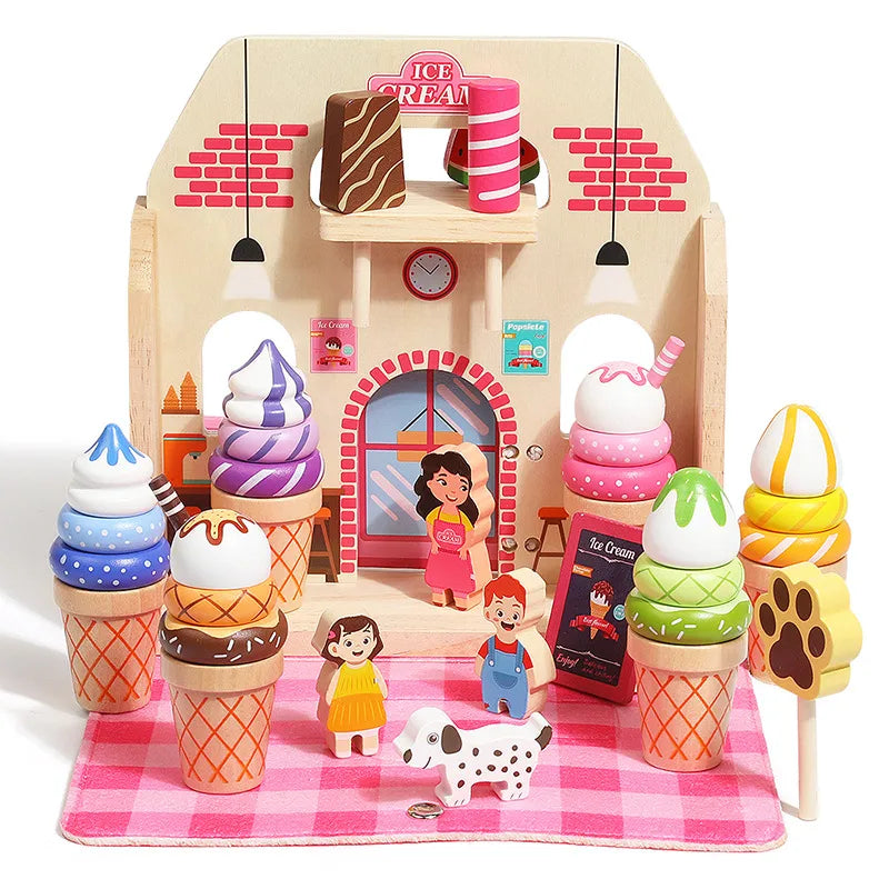 Children's Wooden Afternoon Tea Ice Cream Dessert Simulation Tea Set Handheld Box Baby House Role Play Educational Toys
