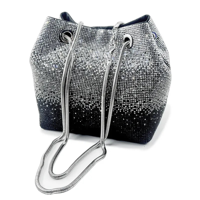Green Pink Pu Leather Gradient Color Rhinestone Bucket Evening Bags