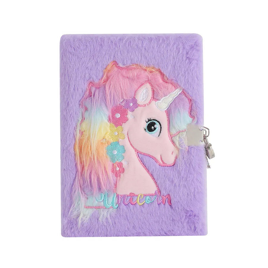 Cute  A5 Cartoon Plush Notebook With Lock Children's Diary Book Girl's Scrapbooking Notebook Pink Purple Tie Dye