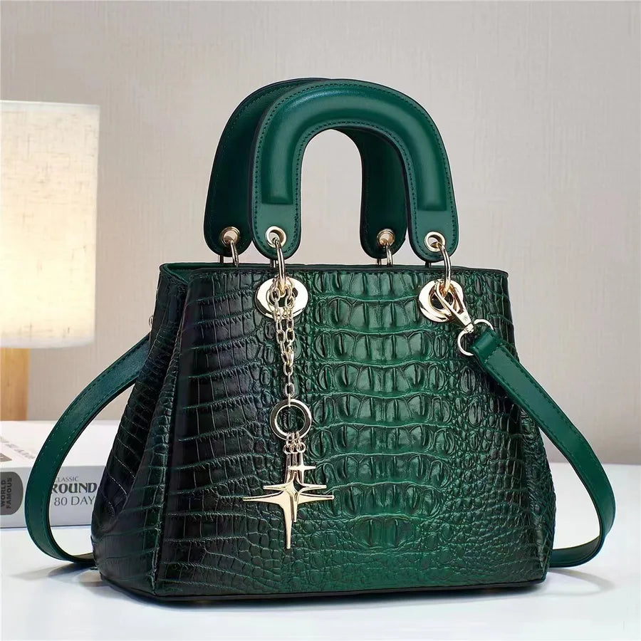 Women's Pu Leather Crocodile Elegant Sewing Thread Bucket Zipper Handbag
