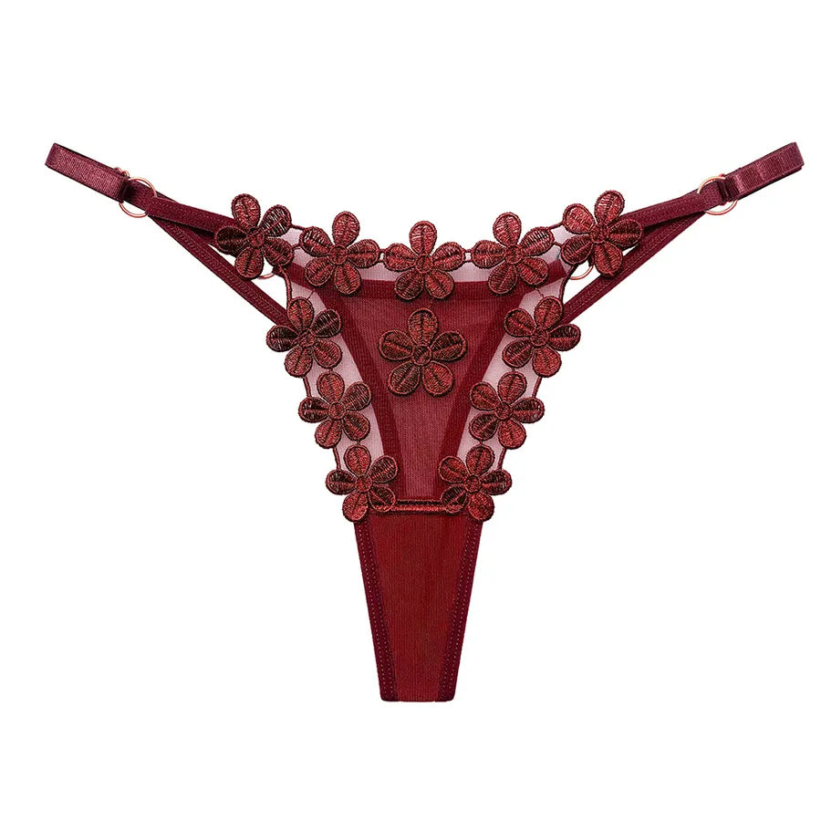 flower embroidered mesh breathable adjustable thin band g-string