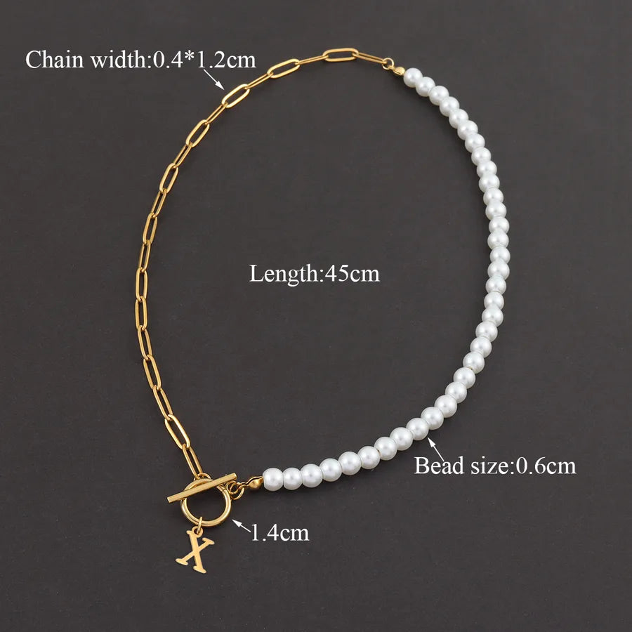 Casual Elegant Letter 201 Stainless Steel 304 Stainless Steel Artificial Pearl Beaded Chain Paperclip Chain Beaded Necklaces Wholesale