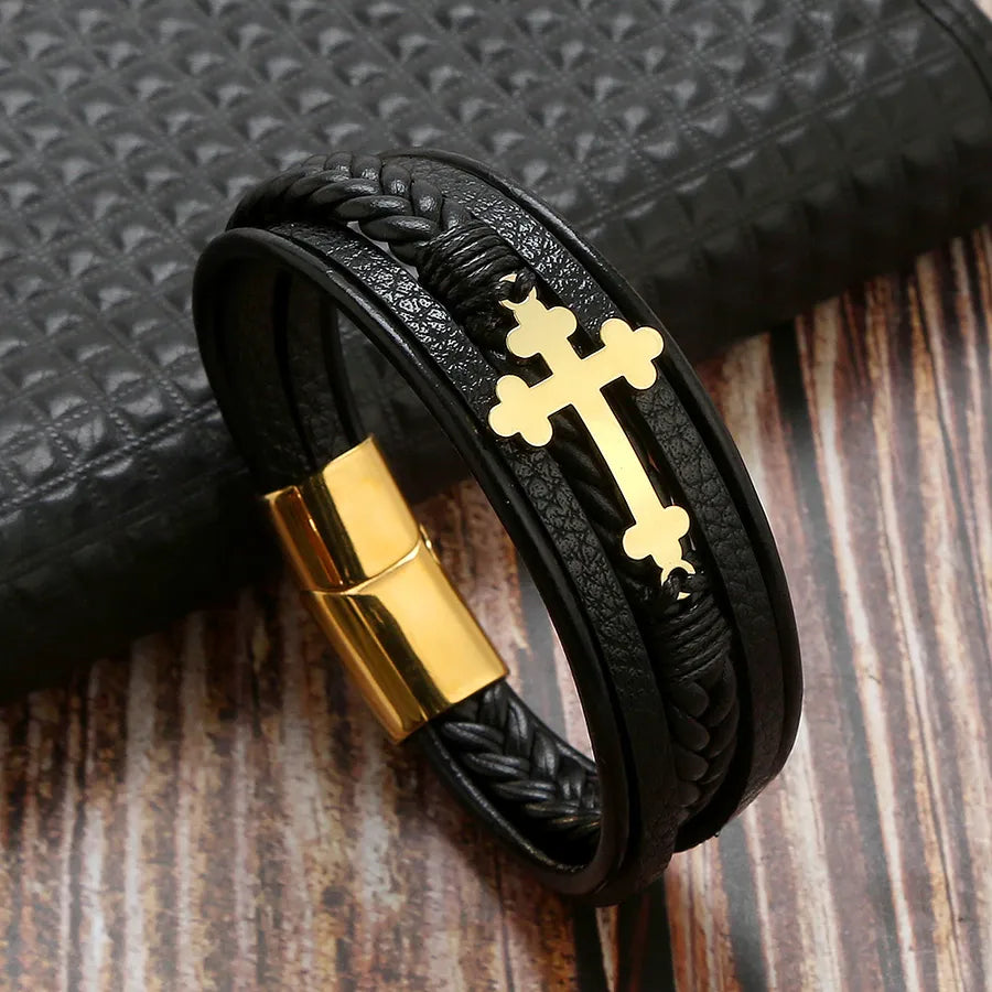 Hip-Hop Cross Stainless Steel Pu Leather Patchwork Men'S Bangle