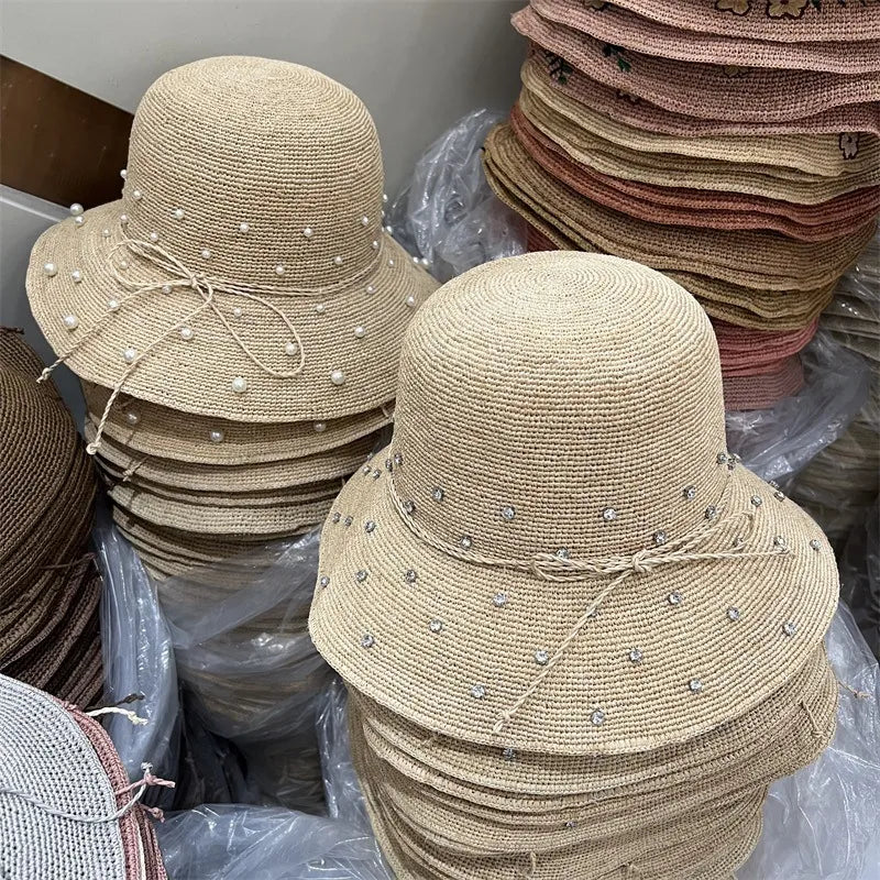 Handmade Laffey Grass Fishing Hat Women Summer Sun Protection Beach Hat Pearl Rhinestone Pot Hat Coastal Sand Beach Cap