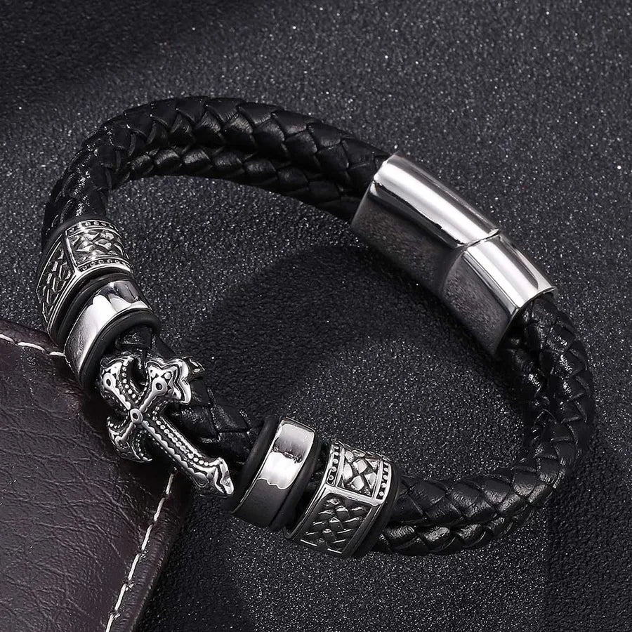 popular leather cross stainless steel bracelet metal accessories genuine leather bracelet men's bracelet jewelry