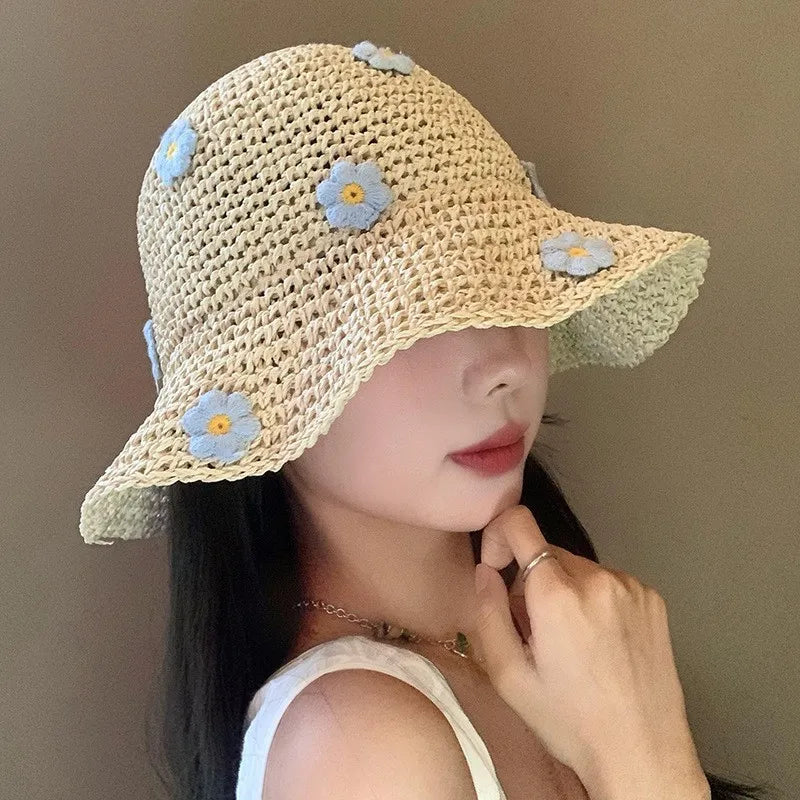 Summer Floral Straw Hat Foldable Sunscreen Fishing Cap Vacation Style Outing Hollow Weave Women's Hat Spring Season Print Design