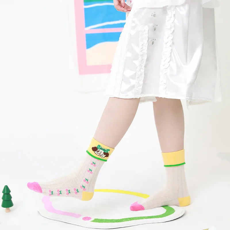 A Pair Cartoon Women's Cartoon Cherry Bow Knot Cotton Crew Socks