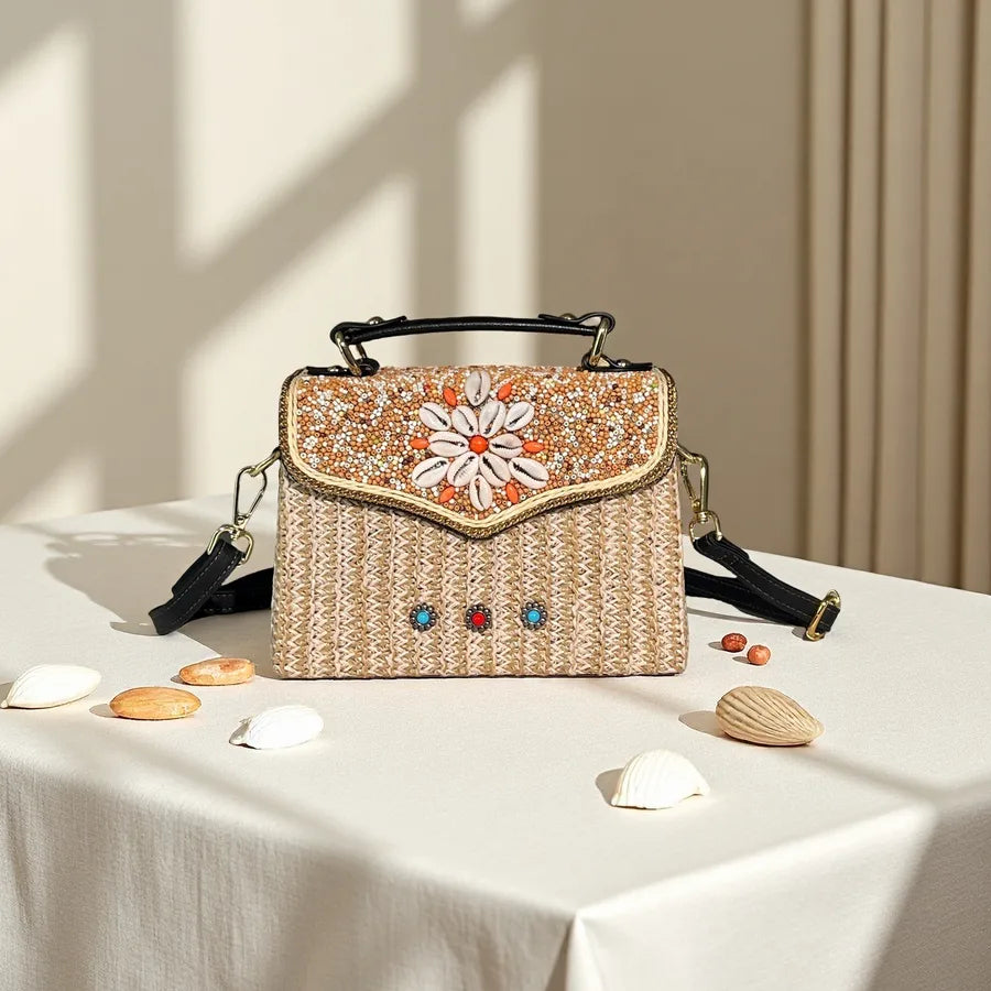 Bohemian Style Rice Bead Rattan Crossbody Bag, Lightweight, Can Hold Mobile Phone, Keys, Lipstick, Holiday Style Handbag