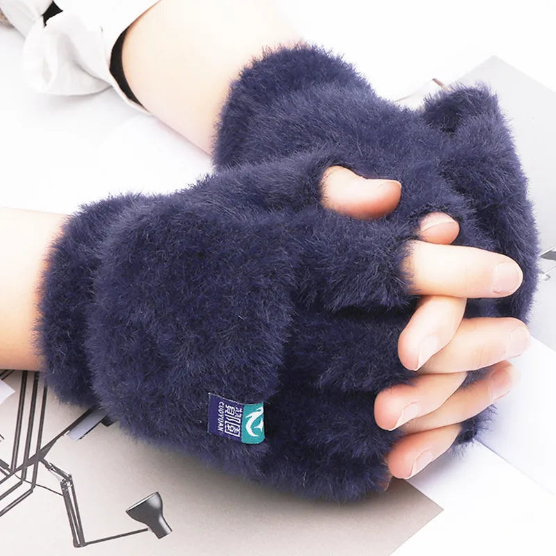Warm Gloves Men's and Women's Open Finger Learning Flip fleece-lined Winter Outdoor Cold-proof Autumn and Winter Women's Ski Riding Gloves