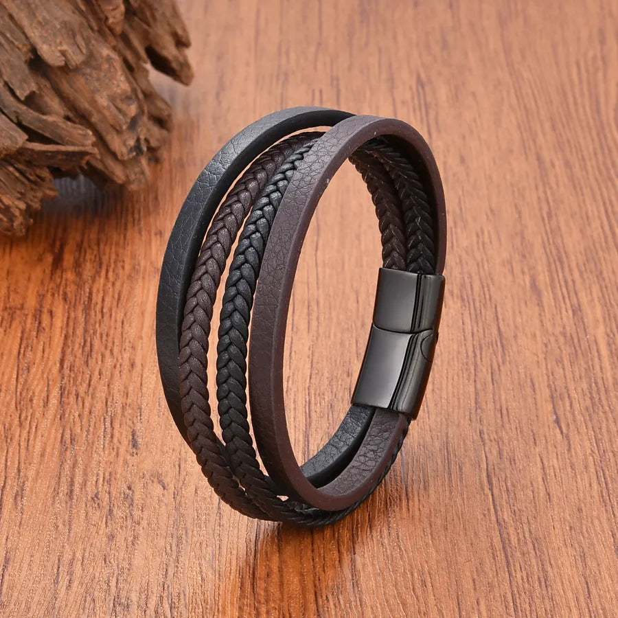 Casual Simple Style Classic Style Geometric 304 Stainless Steel Leather rope Layered Men's Bracelets