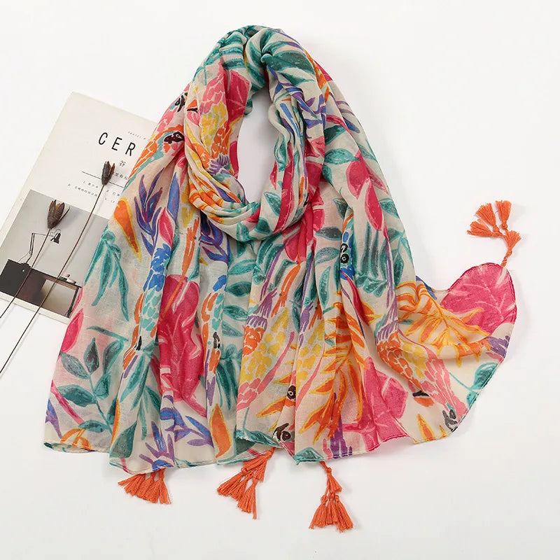 women's retro color block polyester printing scarf