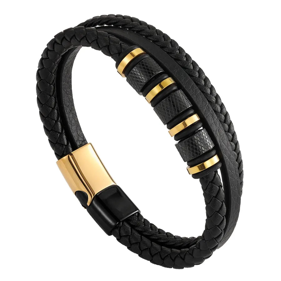 Retro Classic Style Geometric Pu Leather Titanium Steel Woven Chain Wrap Bracelets Wholesale