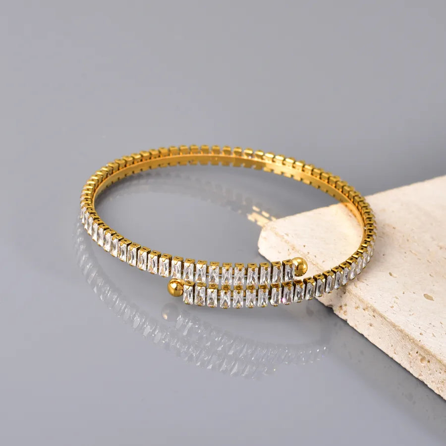 Classic Style Irregular Solid Color 304 Stainless Steel 18K Gold Plated Rhinestones Bangle In Bulk