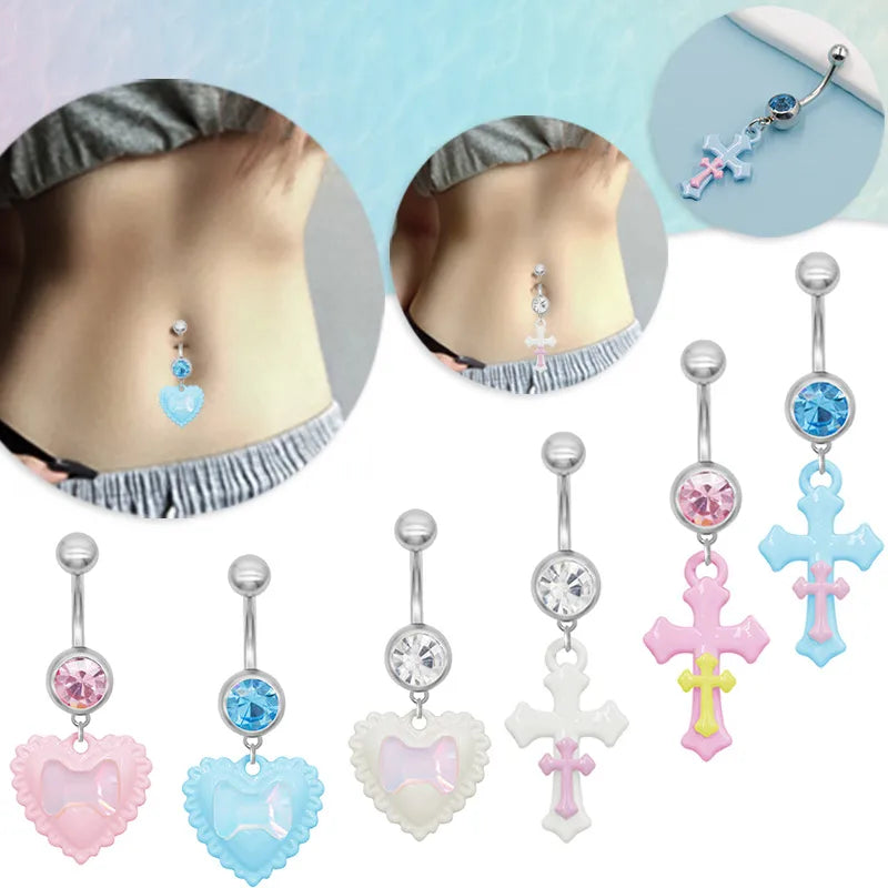 1 Piece Belly Rings Cute IG Style Cross Heart Shape 316 Stainless Steel  Alloy Spray Paint Acrylic Resin White Gold Plated