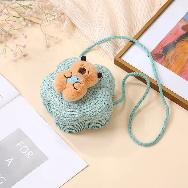 Summer Woven Bag  New Children's Cute Capibala Seaside Vacation Straw Woven Bag Crossbody Coin Purse