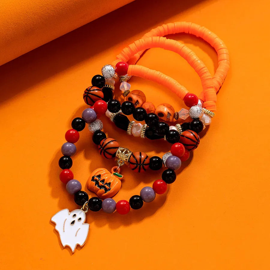 Halloween Alloy Pumpkin Ghost Pendant Resin Skeleton Random Beads Soft Clay Elastic Ladies Bracelet 4 Piece Set Geometric Pattern