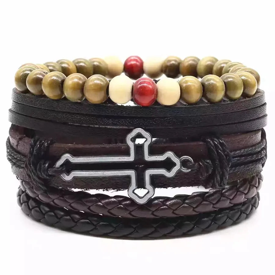 Four-Piece Card Punk Hardware Woven Bracelet Leather Bracelet Multi-Layer Suit Cross Retro Ornament Men's