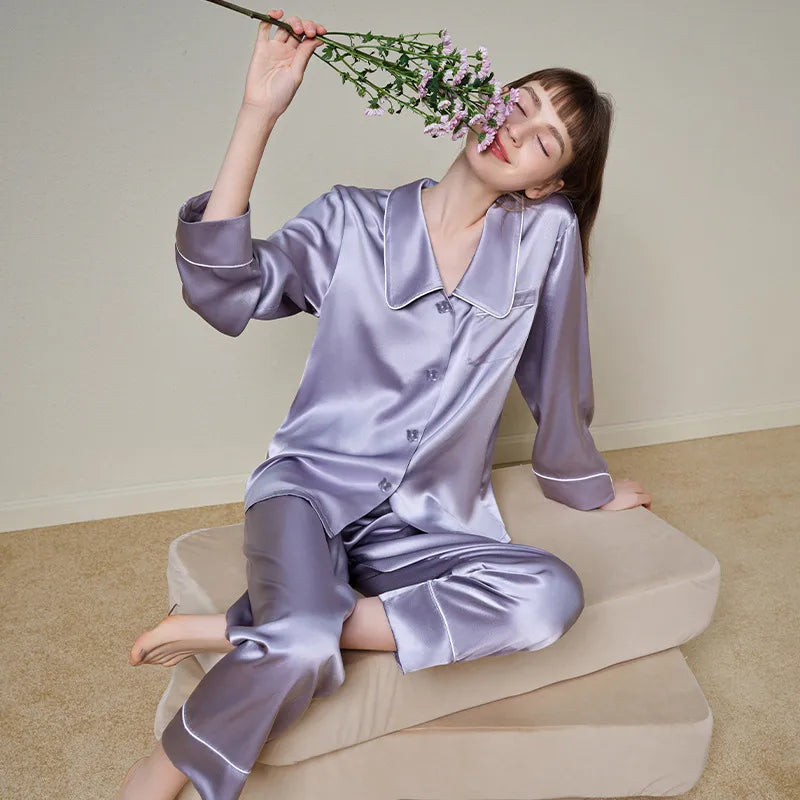 Pure Color Lace Splice Smooth Ice Silk Sleepwear Set Women Long Sleeve Long Pants Two Piece Set High-End Sensation Home Clothes