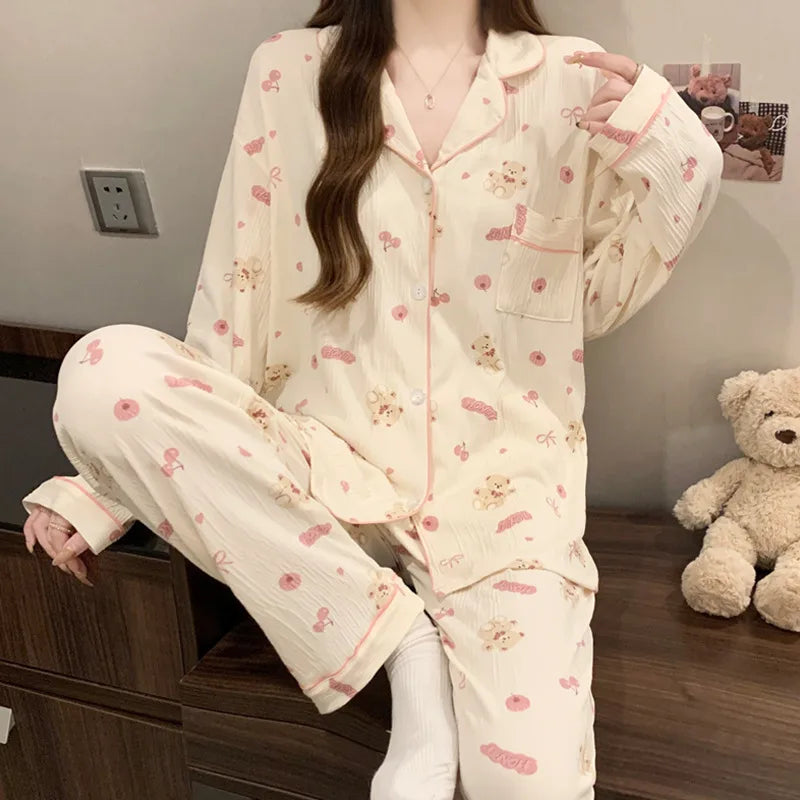 Sweet Girl Heart Print Open Cardigan Sleepwear Long Sleeve Crepe Home Clothes Set Spring New Style Casual Breathable Polyester