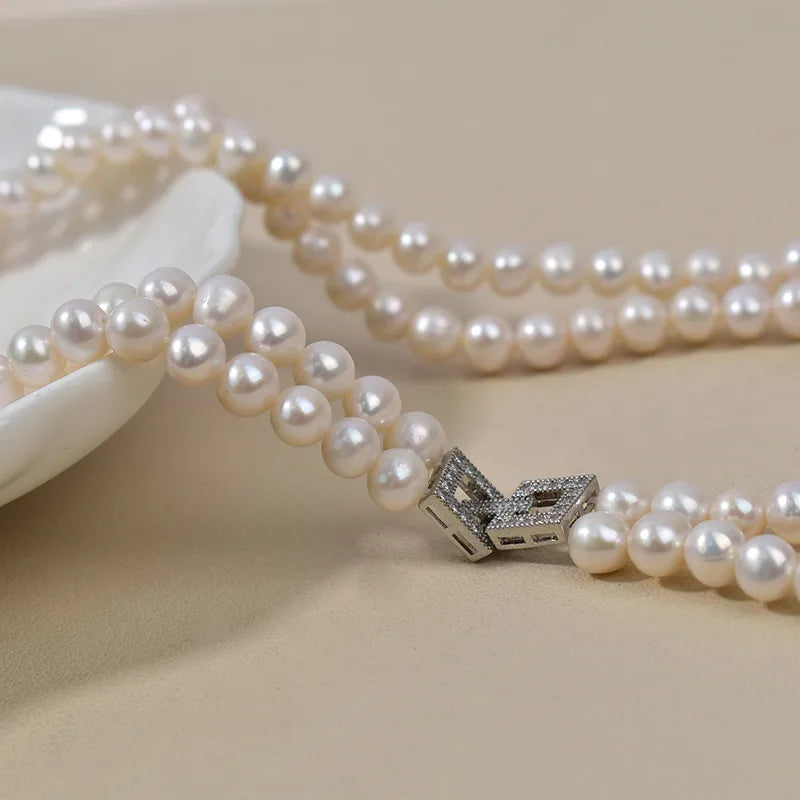Double Layer Pearl Sweater Chain Necklace Autumn Winter Natural Freshwater Pearl Design Simple Elegant Vintage Feeling