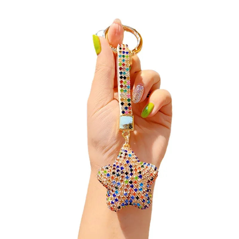 New Cartoon Full Drill Star Keychain Cute Men Women Tassel Bag Keychain Circle Pendant Decoration Christmas Valentine's Day New Year