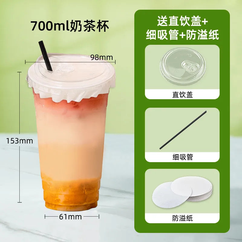 in stock wholesale disposable cup milk tea batch with lid thickened transparent plastic cup stall store packing cup