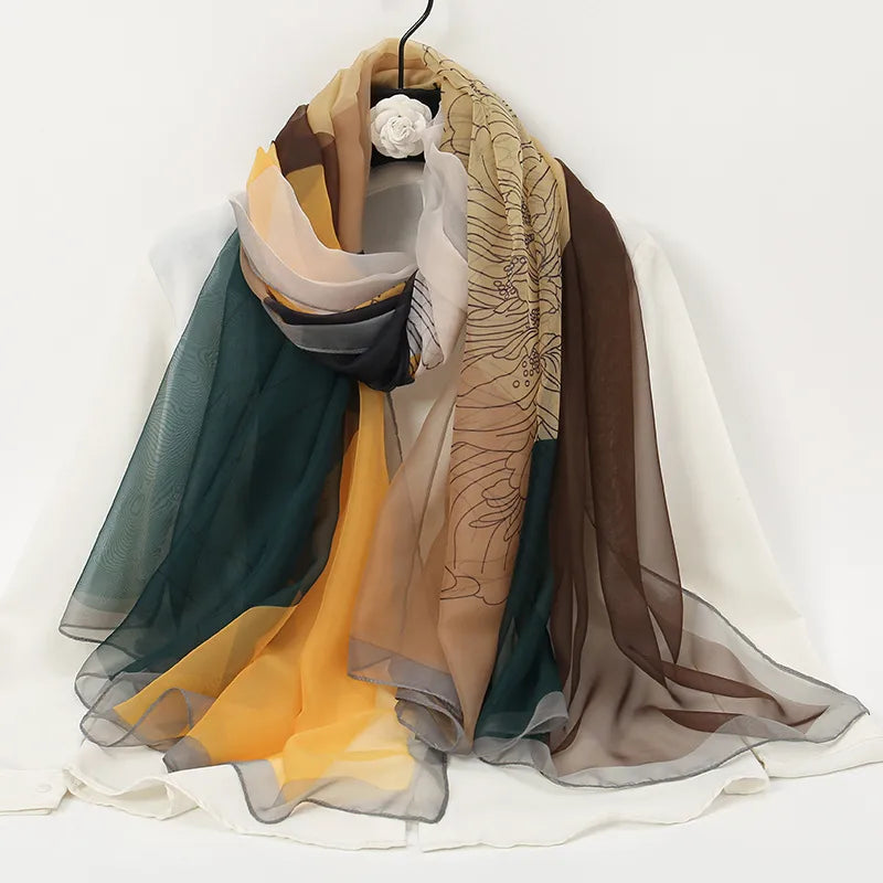 women's elegant lady color block high quality yarn printing silk scarf